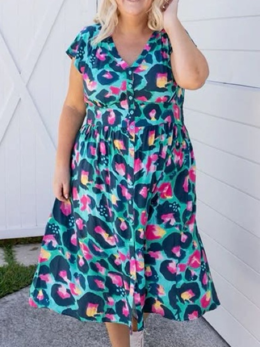 Kasey Rainbow Green Leopard Button-Front Dress